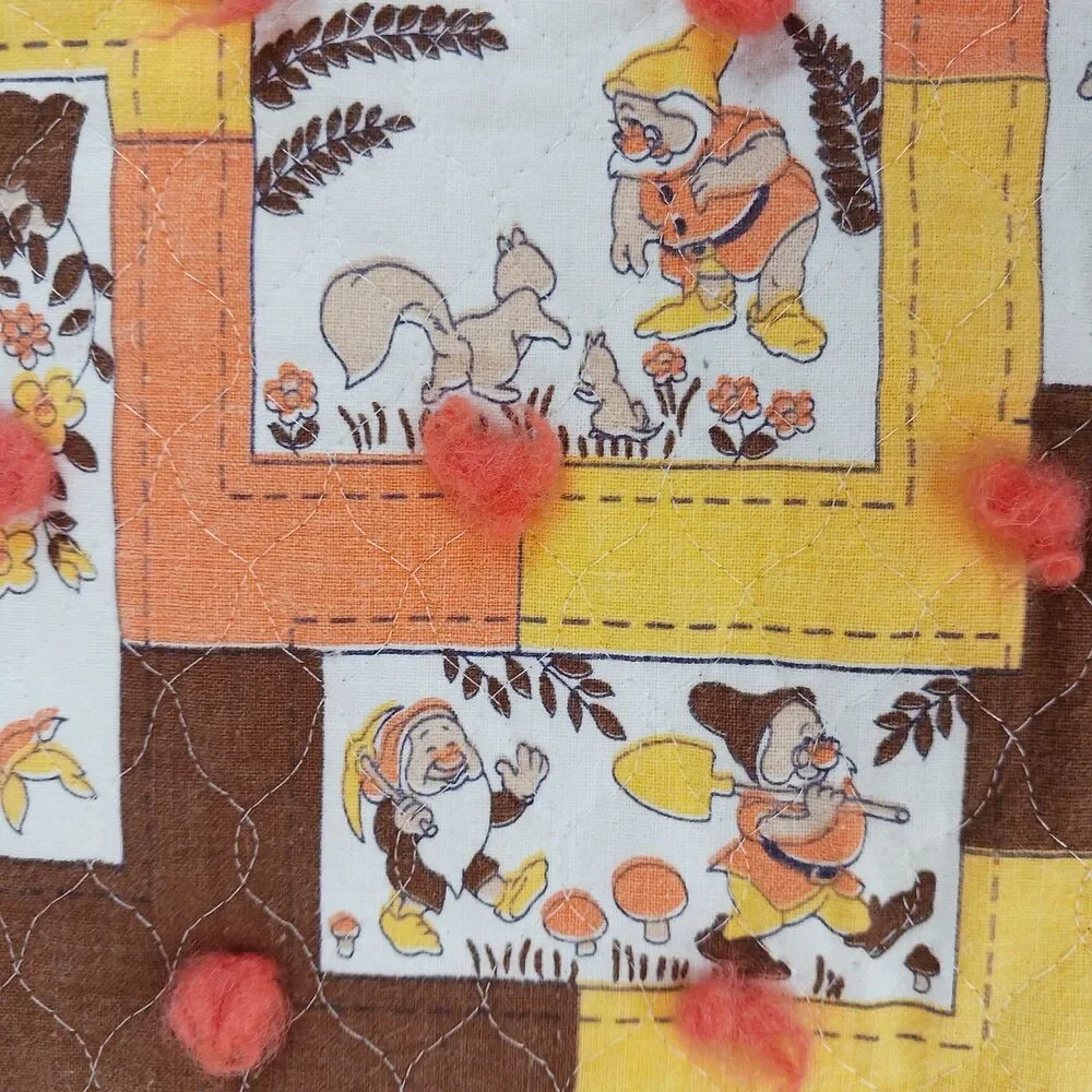 Vtg  Handmade Baby Quilt Flannel Disney Snow White Dwarfs MCM Tied